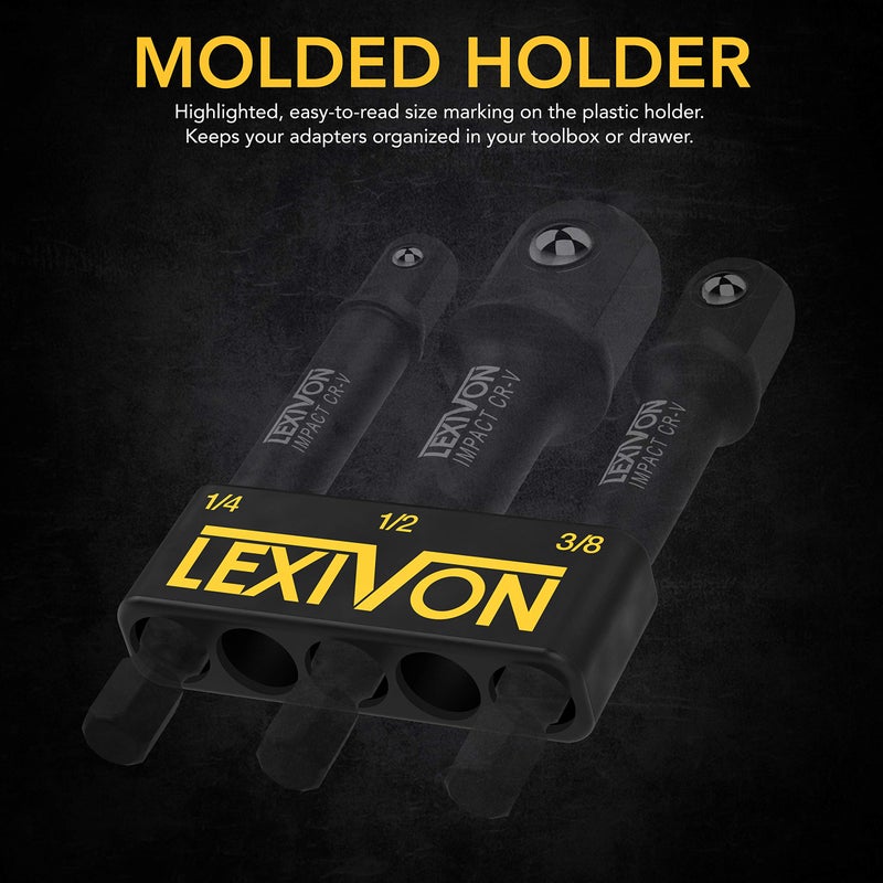 LEXIVON [2-Pack] Impact Grade Socket Adapter Set, 3" Extension Bit With Holder | 3-Piece 1/4", 3/8", and 1/2" Drive, Adapt Your Power Drill To High Torque Impact Wrench (LX-101X2) - Image 2